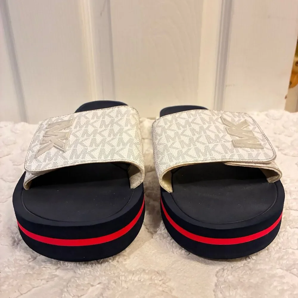 RUNWAY MICHAEL KORS WHITE BLUE RED LOGO SLIP ON SANDAL SLIDE Womens Size 10